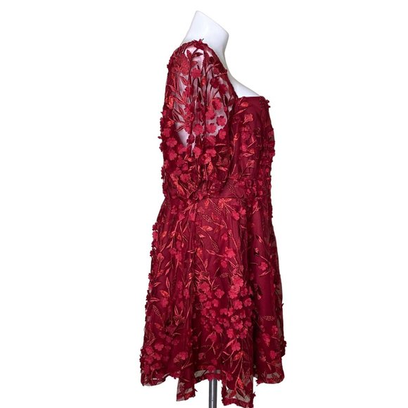 Torrid Size 20 Red Textured Mesh Floral Embroidery Lace Puff Sleeve Skater Dress - Picture 5 of 12
